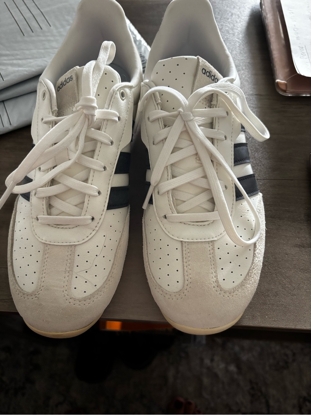 adidas White Sneakers with Black Stripes and Suede Accents